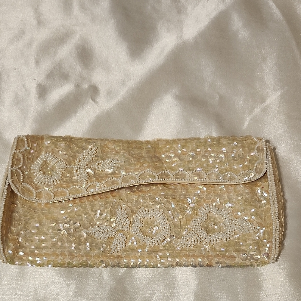 Vintage Bead And Sequin Cream Clutch
